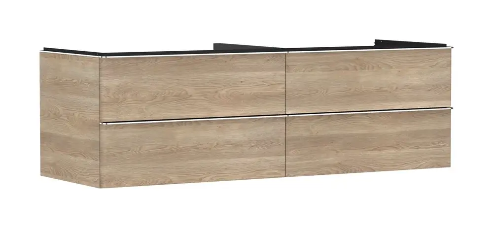 Waschtischunterschrank in Holzoptik, ausgestattet mit vier Schubkästen. Oberfläche in Eiche Natur, passend für Aufsatzwaschtische. Hansgrohe-Design.